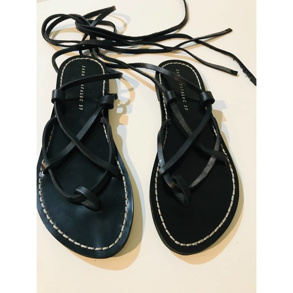 Zara black leather gladiator lace up sandals